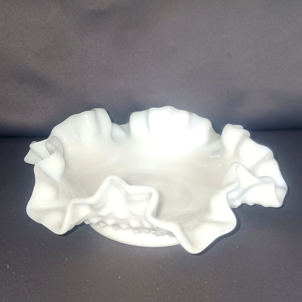 Vintage Fenton Hobnail Milk Glass Ruffle Top Dish